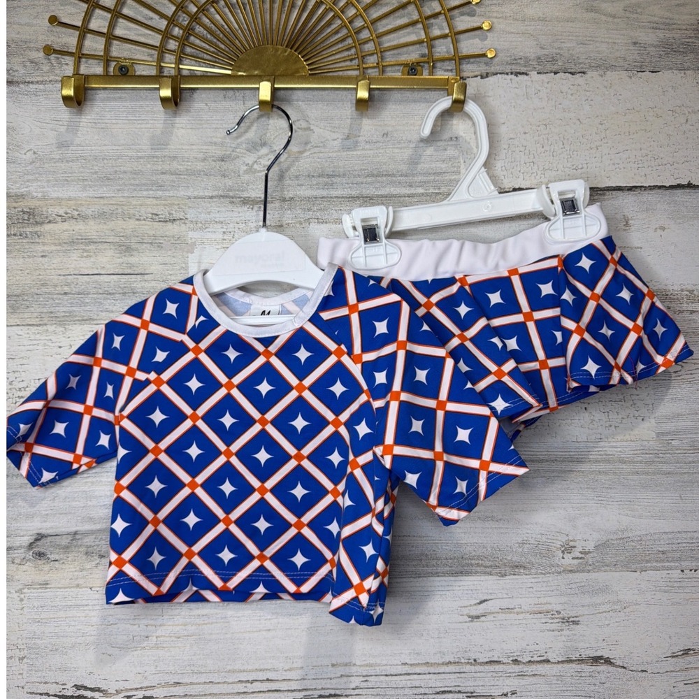 Mia Belle Swimsuit Girls 4T/5Y Blue Orange Geometric Rash Guard Skirt Set EUC